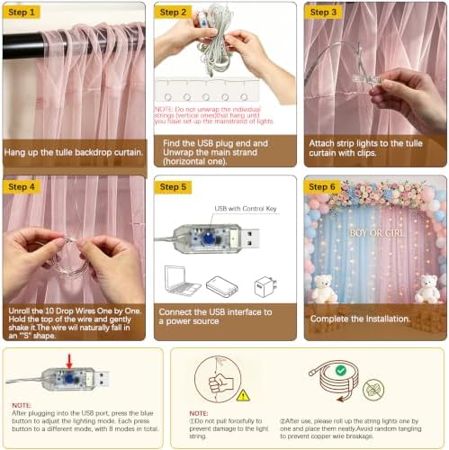 Pink Blue Sheer Tulle Backdrop Curtains with Lights String for Gender Reveal Baby Shower Decorations for Boy or Girl Birthday Party Photo Shoot Backdrop Background Decorations 2 Panels 5×10ft - Image 6