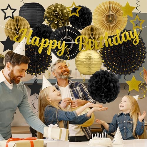 Black Gold Birthday Party-Decorations - 29pcs Black Gold Party Decorations for Men Women, Happy Birthday Banner Paper Streamers Lanterns Tissue Pom Poms - ZERODECO - Image 7