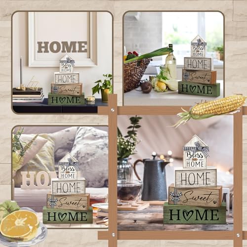 Moucuny 4 Pcs Wooden Farmhouse Table Decor Rustic Home Sweet Home Stacked Blocks Decoration Farmhouse Tiered Tray Decor Decorative Eucalyptus Block Signs Bless Gift for Kitchen Shelf Coffee Table - Image 6