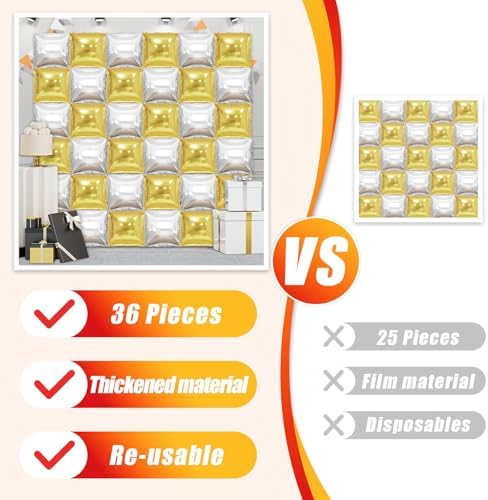 36 Piece XL Gold and Silver Square Foil Balloons Wall Screen Double Sided Square Balloon Screen Tunnel Arch Kit Mylar for Baby Shower Graduation Prom Birthday Party Decorations - Image 6