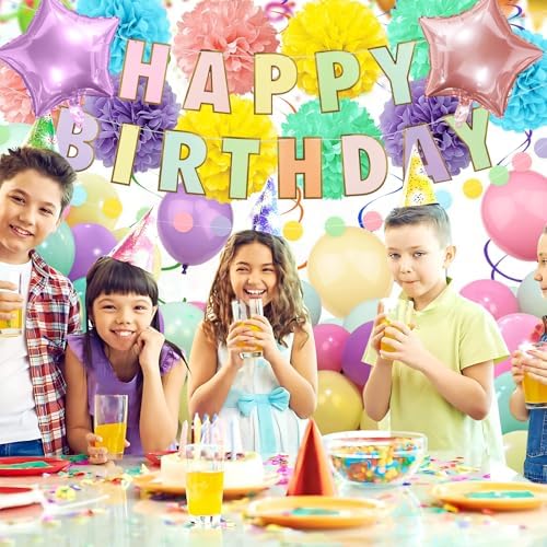 Pastel Birthday Decorations, Multicolored Happy Birthday Banner with Paper Pompoms Party Balloons for Boys Girls Women Party Decorations Supplies - Image 5