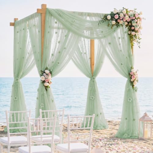6 Pcs 29x120'' Pearl Tulle Table Runner 10ft Wedding Tablecloth, Sage Green - Image 3