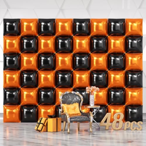 NISOCY 48PCS Black and Orange Square Foil Balloons Wall Backdrop by NISOCY