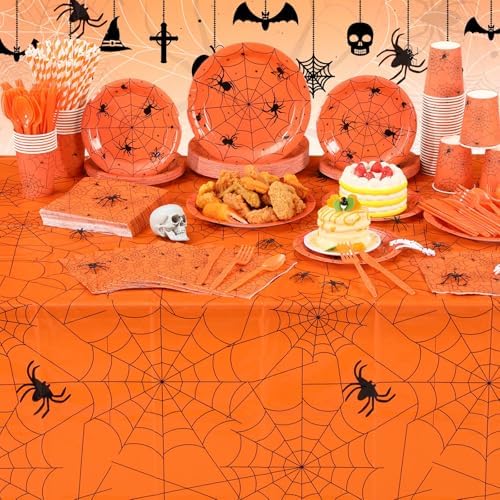 Funnymoom 452 Pcs Halloween Spiderweb Supplies Tableware for 50 Guests, Orange Spider Web Paper Plates Napkins Cups Tablecloth Cutlery Straws for Spiderweb Halloween Birthday Party Decoration - Image 6