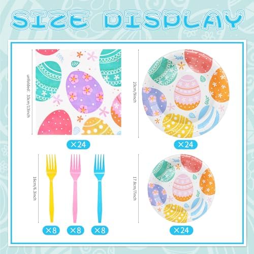 96 Pieces Easter Day Tableware Set Party Supplies - Colorful Eggs Pattern Disposable Dinnerware with Paper Plates, Napkins, Forks for Spring Celebrations Picnic Favors - Image 2