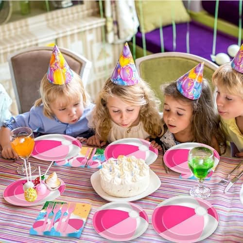 96 Pcs Pink Beach Ball Party Supplies Tableware Summer Pool Ball Party Paper Plates and Napkins Set Beach Birthday Party Favors Decorations for Kids Baby Shower Birthday Party Decor Serves 24 - Image 6