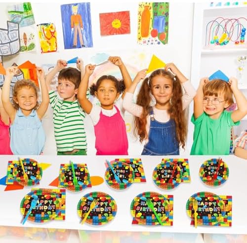 96Pcs Building Block Birthday Party Decor Supplies Paper Plates Napkins Set - Image 6