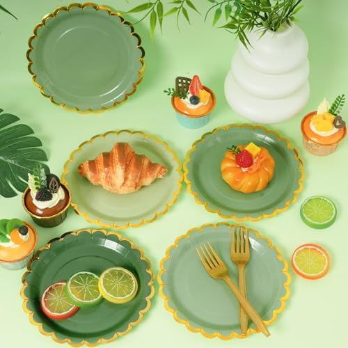 Green mix scalloped party plates with napkins and fork gold foil border, 24 Guest disposable Tableware Set Sage Green Party Decoration for Birthday Coquette Bridal Baby Shower Valentines - Image 4