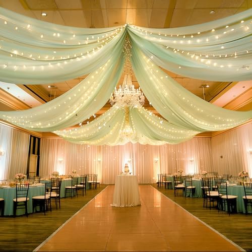 Sage Green Ceiling Drapes with Lights String for Weddings, 6 Panels 5ftx20ft Sheer Tulle Backdrop Photo Background Drapes for Wedding Ceremony Birthday Party Arch Decoration - Image 5