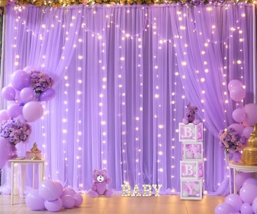 Lavender Tulle Photo Backdrop Curtain with Lights String for Parties Wedding Bridal Shower Sheer Lavender Curtain Backdrop for Birthday Baby Shower Photo Booth Photography 10ft x 8ft - Image 5