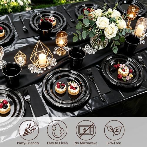 100 Guests Black Plastic Plates and Napkins Party Supplies for Birthday - Image 4
