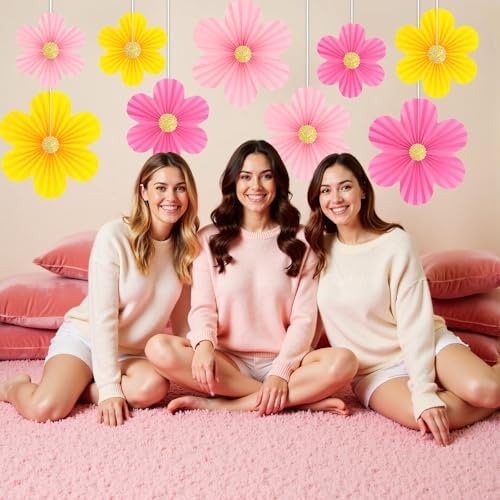 Pink and Yellow Party Decorations 9PCS Paper Flowers Decorations for Wall - Image 6