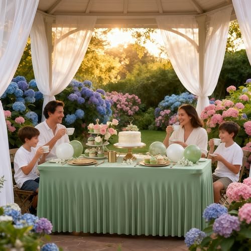 Wish Care 2 Pack Sage Green Spandex Table Clothes for 8 Foot Rectangle Tables, 8FT Wrinkle Free Fitted Tablecloths Ruffles Design Table Cloth for Party, Banquet, Wedding and Events - Image 6