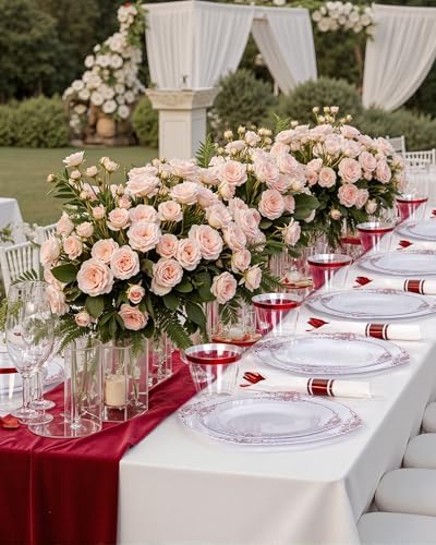 Nervure 175Pcs Red Plastic Plates, Red Plastic Dinnerware Set for 25 Guests - Image 5