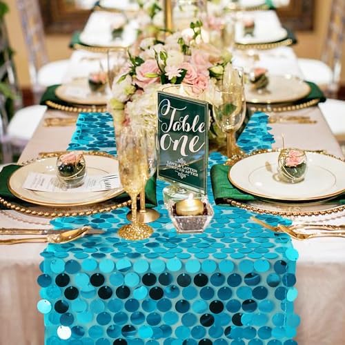 Pufogu 12 x 108 Inch Sequin Table Runner, Turquoise Glitter Premium Big Sequin Table Runner, Rectangle Table Runners for Halloween, Christmas, Wedding Party, Birthday Party, Banquet Decor (1 Pack). - Image 2