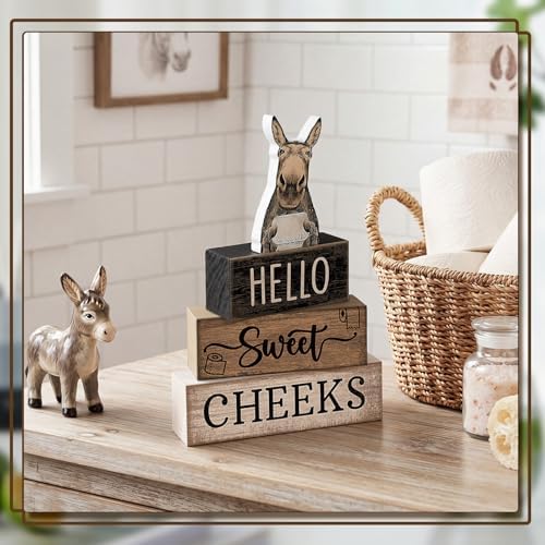 Moucuny 4 Pcs Hello Sweet Cheeks Bathroom Decor Wooden Signs Donkey - Image 4