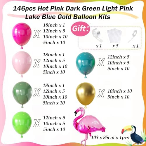 146Pcs Tropical Flamingo Balloon Arch Garland Kit, Hot Pink Dark Green Light Pink Lake Blue Gold with Flamingo Foil Balloons for Hawaiian Luau Aloha Summer Beach Birthday Party Decorations - Image 2