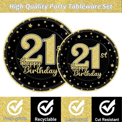 96 Pcs 21st Birthday Party Supplies for 24 Guests Cheers to 21 Years Tableware Table Decorations Black Gold 21st Birthday Plates Napkins Dinnerware for Boys Girls 21 Years Old Party Favor - Image 3