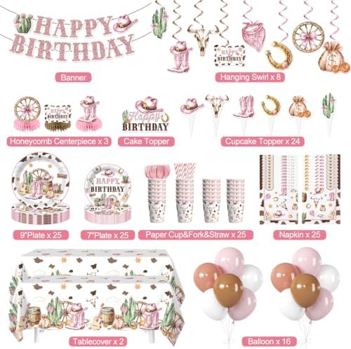 201pcs Western Cowgirl Birthday Party Decorations Tableware Set, 25 Serves - Image 2