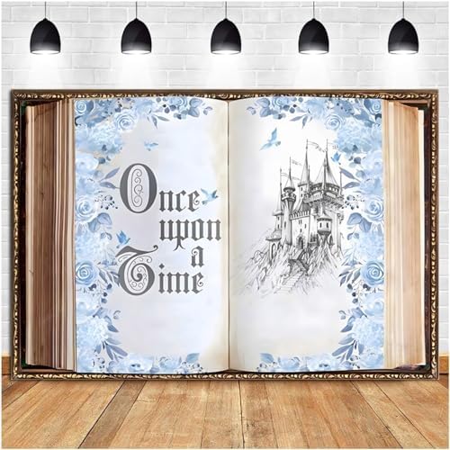 20x10ft Once Upon a Time Backdrop Fairy Tale Storybook Open Book Castle Photography Background for Princess Wedding Birthday Party Baby Shower Photo Booth Props Blue Flower Rose Vintage Decor - Image 2