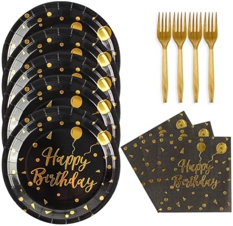 48PCS Happy Birthday Plates and Napkins Party Supplies, Black and Gold Disposable Paper Plates and Napkins with Forks Tableware Set for Birthday Party Decorations 16 Guests (Birthday Black) by KFJBPB
