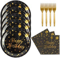 48PCS Happy Birthday Plates and Napkins Party Supplies, Black and Gold Disposable Paper Plates and Napkins with Forks Tableware Set for Birthday Party Decorations 16 Guests (Birthday Black) by KFJBPB