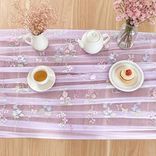 BINBE 6pcs Purple Florals Table Runner Embroidery Gauze 10FT Daisy Seasonal Tulle Birthday Wedding Holiday Kitchen Dining Table Decor for Home Party - Image 6