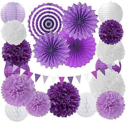 Lavender-Purple White Graduation Party Decorations - 20pcs Paper Lanterns Fans,Tissue Pom Poms,Honeycomb Balls,Birthday Wedding Bridal Baby Shower Engagement Bachelorette Decor Burgleda by Burgleda