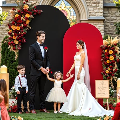 Red Black Arch Backdrop Cover for Wedding, Set of 2 Stretchy Spandex Fitted Arch Stand Cover for Baby Shower, Birthday Party Decor, Chiara Backdrop Cover with Double-Sided Design(7.2FT 6FT) - Image 2