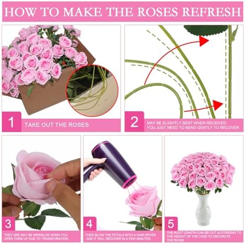 Hananona 50 Pcs Artificial Roses, Realistic Silk Pink Flowers Bulk - Image 3
