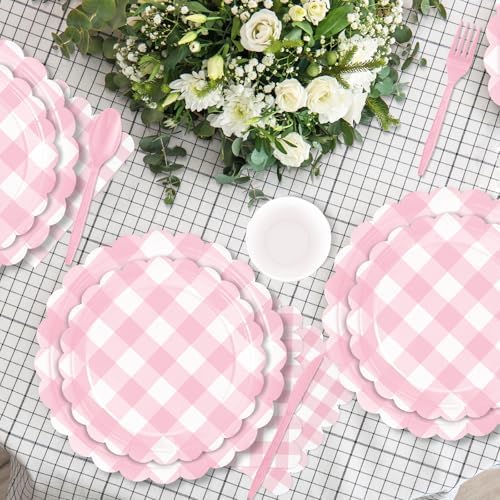 WNINK 176 PCS Light Pink Gingham Plates and Napkins, Pink Checkered Disposable Plates Set with Napkins Cups Plastic Spoons Forks Knives for Dinner Birthday Baby Shower Wedding Supplies Serve 25 Guests - Image 4