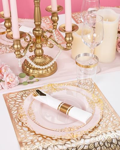 Nervure 700Pcs Pink Plastic Plates, Plastic Dinnerware Set for 100 Guests - Image 5