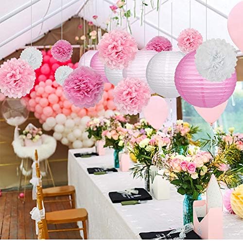 Paper Lanterns and Paper Pom Poms Pink Party Decorations 15pcs - Image 3