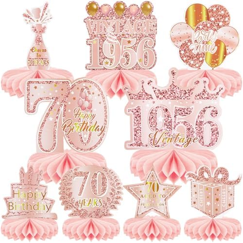 9 Pcs 70th Birthday Decoration for Women 1956 Pink Table Honeycomb Decor by MDCGFOD