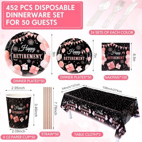 Funnymoom 452 Pcs Retirement Party Decorations Supplies Set Include Rose Gold Retirement Paper Plates Napkins Cups Tablecloth Cutlery Straws for Men Women Say Goodbye Party - Image 2