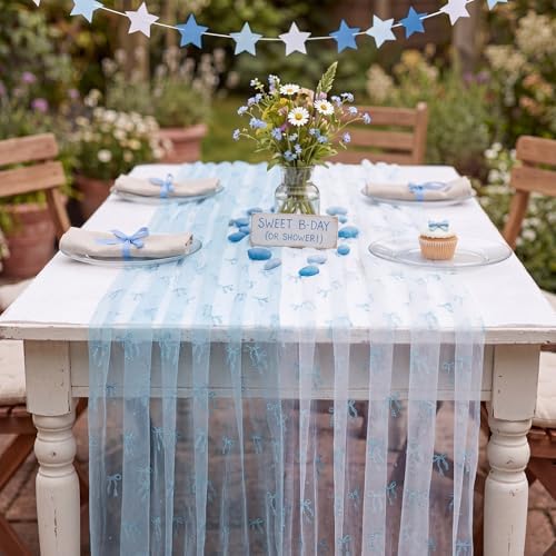 8 Pcs Baby Blue Bow Table Runners 29 x 70 in for Baby Shower Party Decor - Image 3