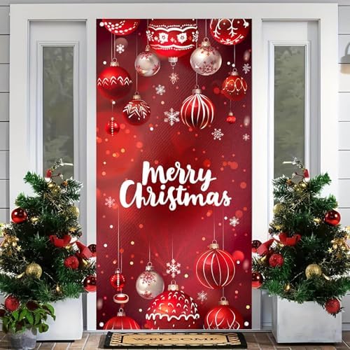BlissYard Merry Christmas Door Cover 71x35 Inch Front Porch Door Banners Decoration Winter Red Hanging Christmas Ornaments with Snowflakes for Sign Party Indoor Decor - Image 6