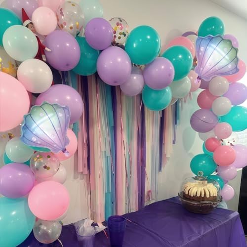 Mermaid Balloons, Pastel Pale Pink Light Purple Lilac Teal Pearl White Balloons with Seashell Foil Balloon Confetti Balloon for Girls Kid Sea Birthday Party Ocean Under The Sea Baby Shower Decorations - Image 5