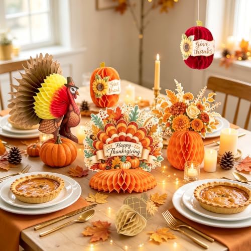 SUNBEAUTY Fall Thanksgiving Decorations, Thanksgiving Table Centerpieces, Honeycomb Turkey Centerpieces Fall Pumpkin Hanging Decor for Autumn Classroom Festival Home Office Table Decor - Image 6