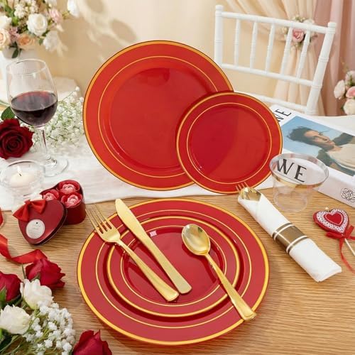 WDF Partyware 350Pieces Red Plastic Plates with Gold Rim Include 50Dinner Plate 10inch 50Dessert Plate 7inch 50 gold Cups 9 OZ, 50 Pre Rolled Napkins for Wedding/Birthday/Christmas/Party - Image 6