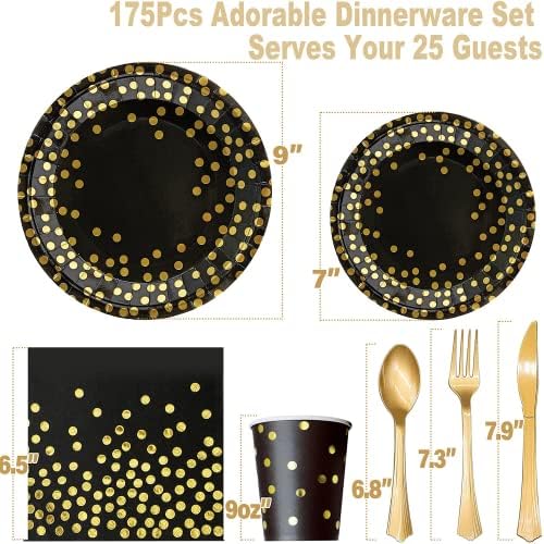 AIRE Black Gold Paper Plates Set, 175PCS Disposable Dinnerware Serves 25 - Image 2