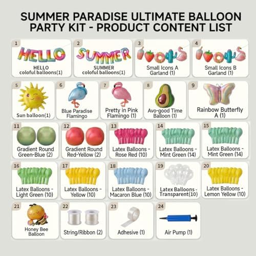 91 PCS "Hello Summer" Foil Balloon Decoration Kit, Tropical Summer Party with Flamingo Bee Butterfly Avocado Mylar Balloons All-in-One Set, Rainbow Letter for Pool Party, Beach Party, Summer Decor - Image 7