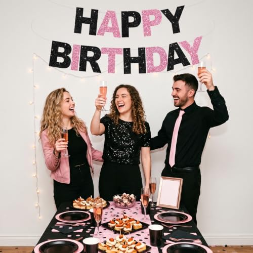 BEISHIDA Pre-Strung Black Pink Happy Birthday Banner Party Sign Decoration - Image 4
