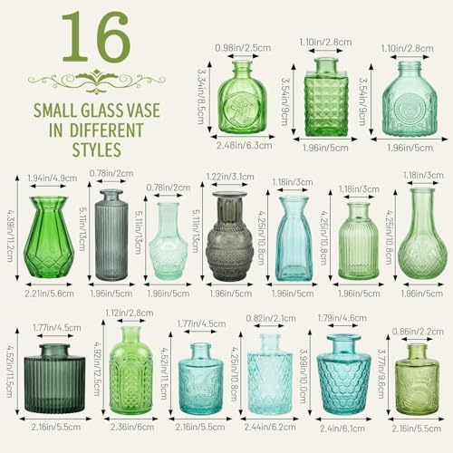 32 PCS Assorted Vintage Bud Vases, Colorful Glass Small Vases Bulk, for Centerpieces, Wedding Table Decor, Home Decorations & Gifts (Green Series) - Image 2