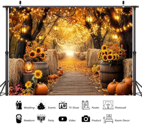 Fall Photo Backdrop, Autumn Forest Scenery Maple Leaves Pumpkins Sunflowers Photography Background, Fall Farm Harvest Thanksgiving Day Friendsgiving Party Decorations Photo Booth 5X3FT - Image 6
