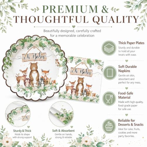 50 Pcs Woodland Baby Shower Plates and Napkins, 7 Inch Forest Animal Set - Image 3