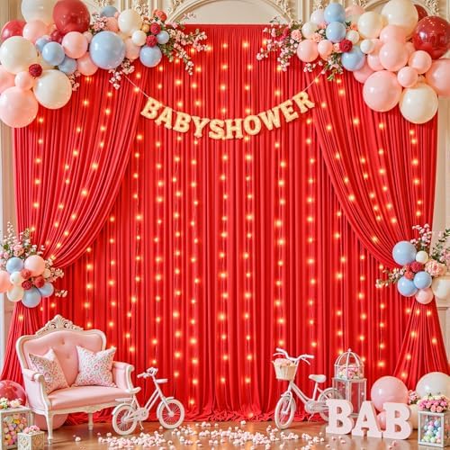 30 x 10ft Red Green Backdrop Curtains with Lights String - Image 6