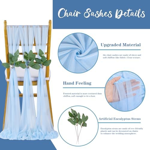 QueenDream Light Blue Chair Sashes Wedding Aisle Decorations: 16 Packs 8ft Long Draping Fabric Sheer Church Chair Cover Bulk for Baby Shower Party Banquet - Image 3
