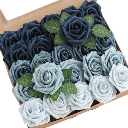 Floroom Artificial Flowers 25pcs Real Looking Dusty Blue Ombre Colors Foam Fake Roses with Stems for DIY Wedding Bouquets Bridal Shower Centerpieces Floral Arrangements Party Tables Home Decorations by Floroom