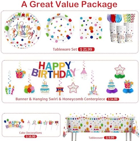 Xynic 214 Pcs Colorful Birthday Decorations Girl Tableware Set, Serves 25 - Image 4